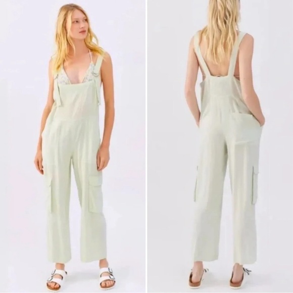 UO BDG Tilly Utility Linen Pastel Green Overalls L - Picture 1 of 7